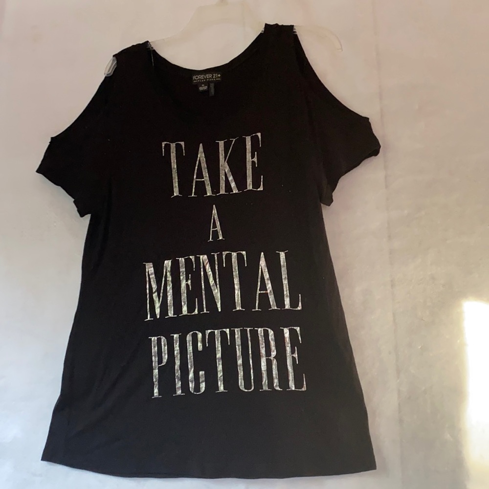 Forever 21 Plus XL Black Graphic Tee Cold Shoulder Short Sleeve Metallic Silver